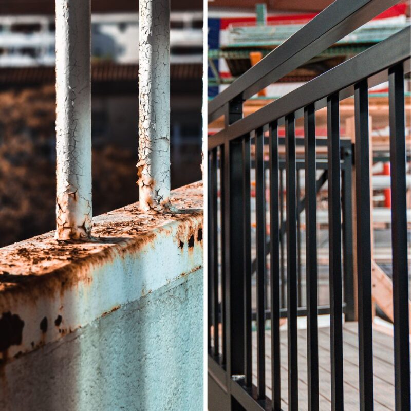 a side by side comparison of a steel balcony railing that is showing rust and corrosion then on the right an Aluminum balcony railing that is powder coated and is perfect with corrosion resistance. 